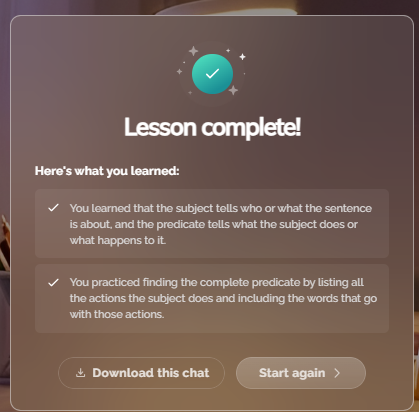 An image of the Lesson Complete screen in Learning Coach showing what the student learned