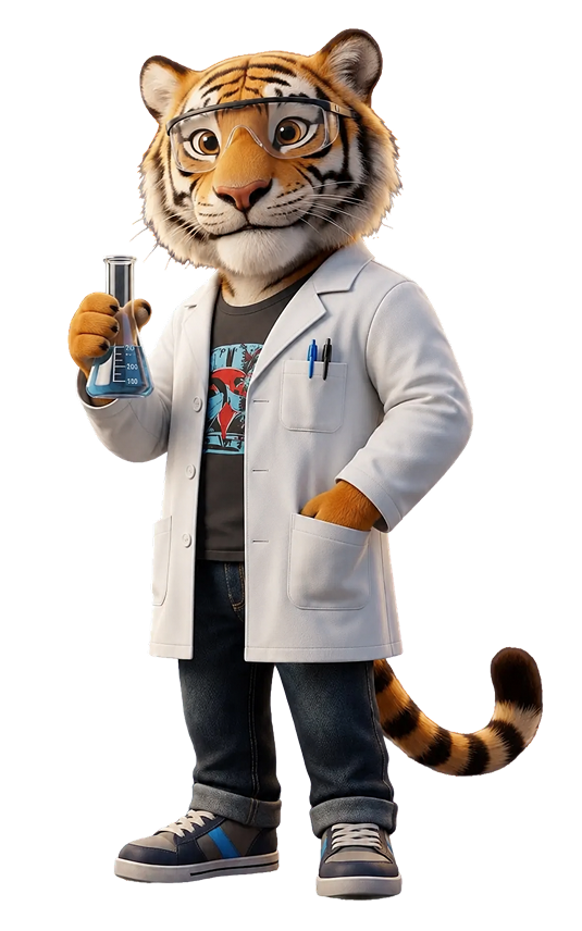 Linc, the Lincoln AI Learning Coach, in a lab coat holding a beaker