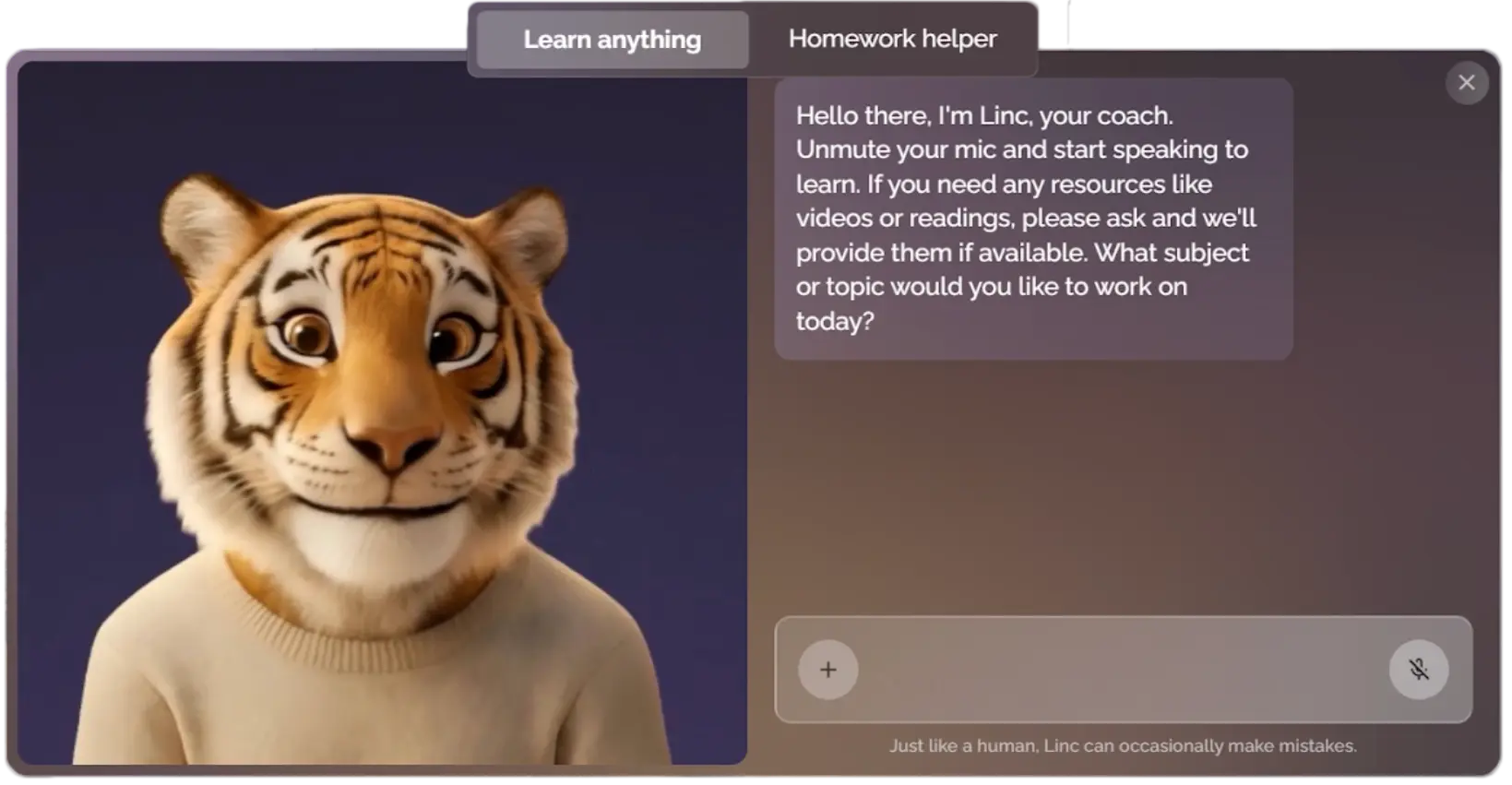 Lincoln AI Learning Coach interface showing Linc and the Homework helper tab