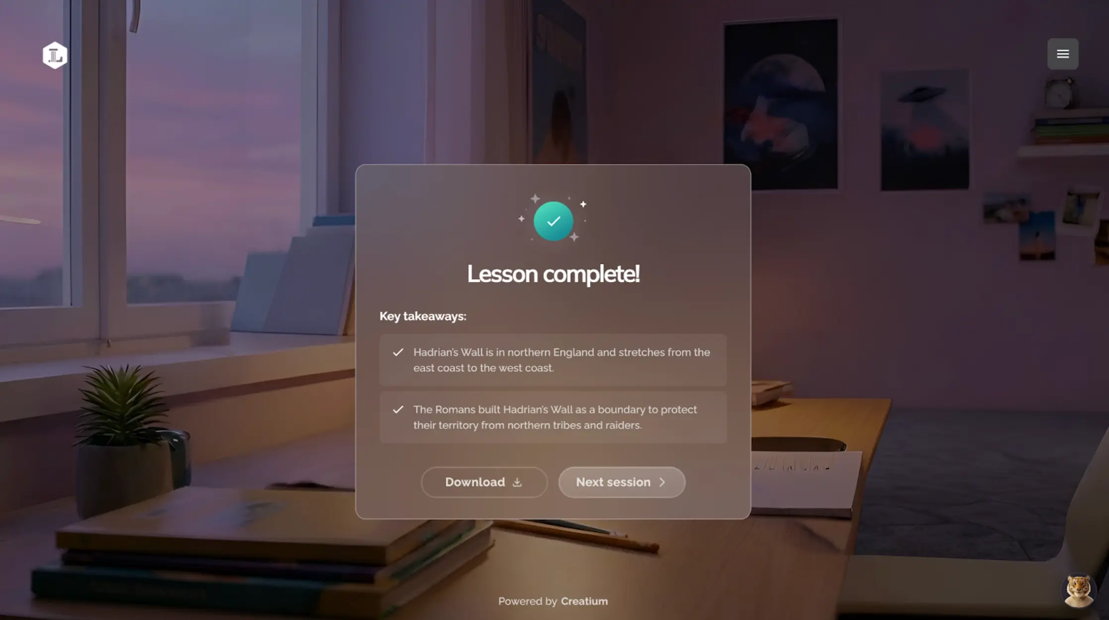 Learning Coach lesson-complete screen summarizing a student's key takeaways